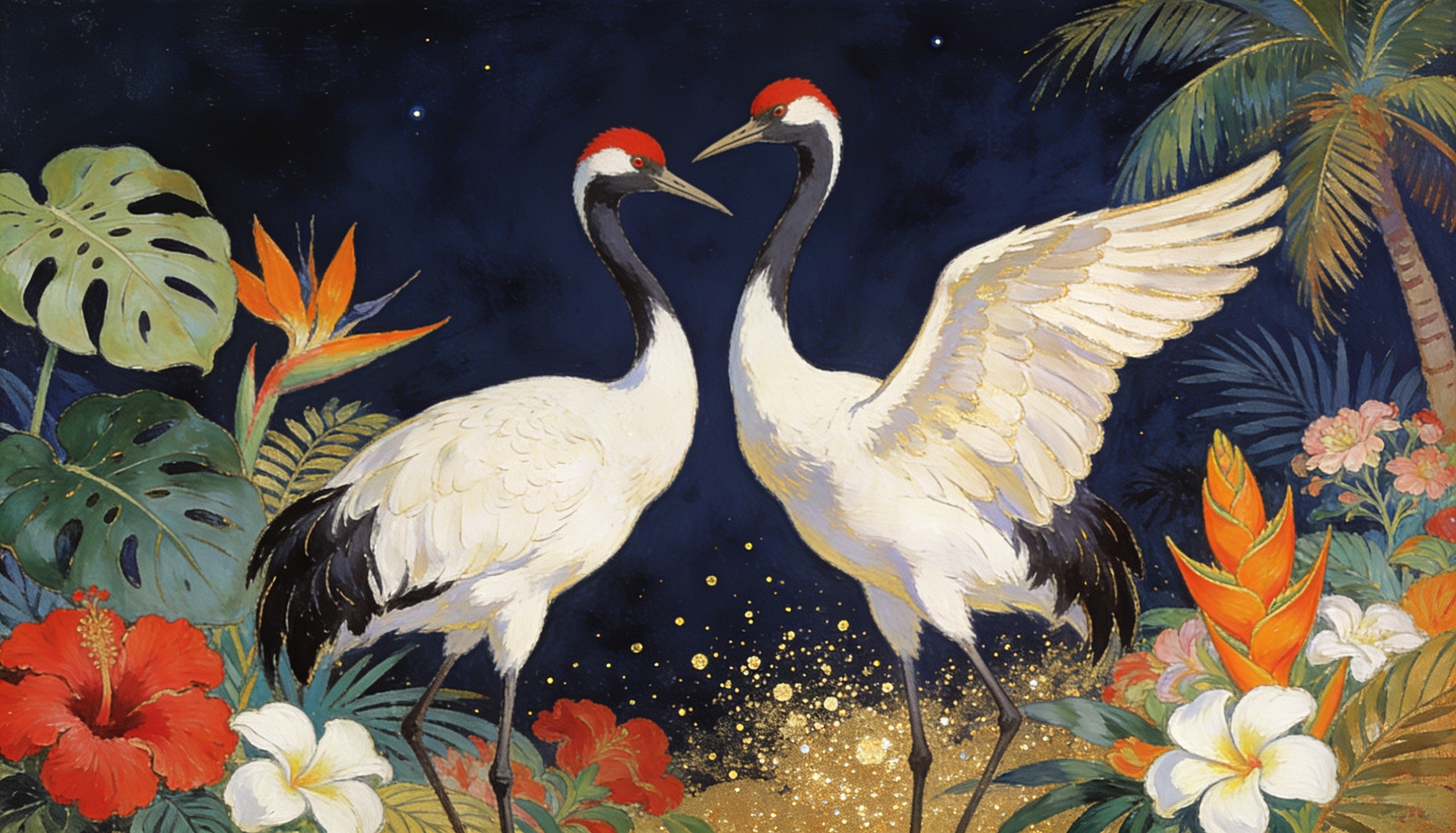 Two red-crowned cranes in a vivid tropical arrangement, Chapter 1 key artwork