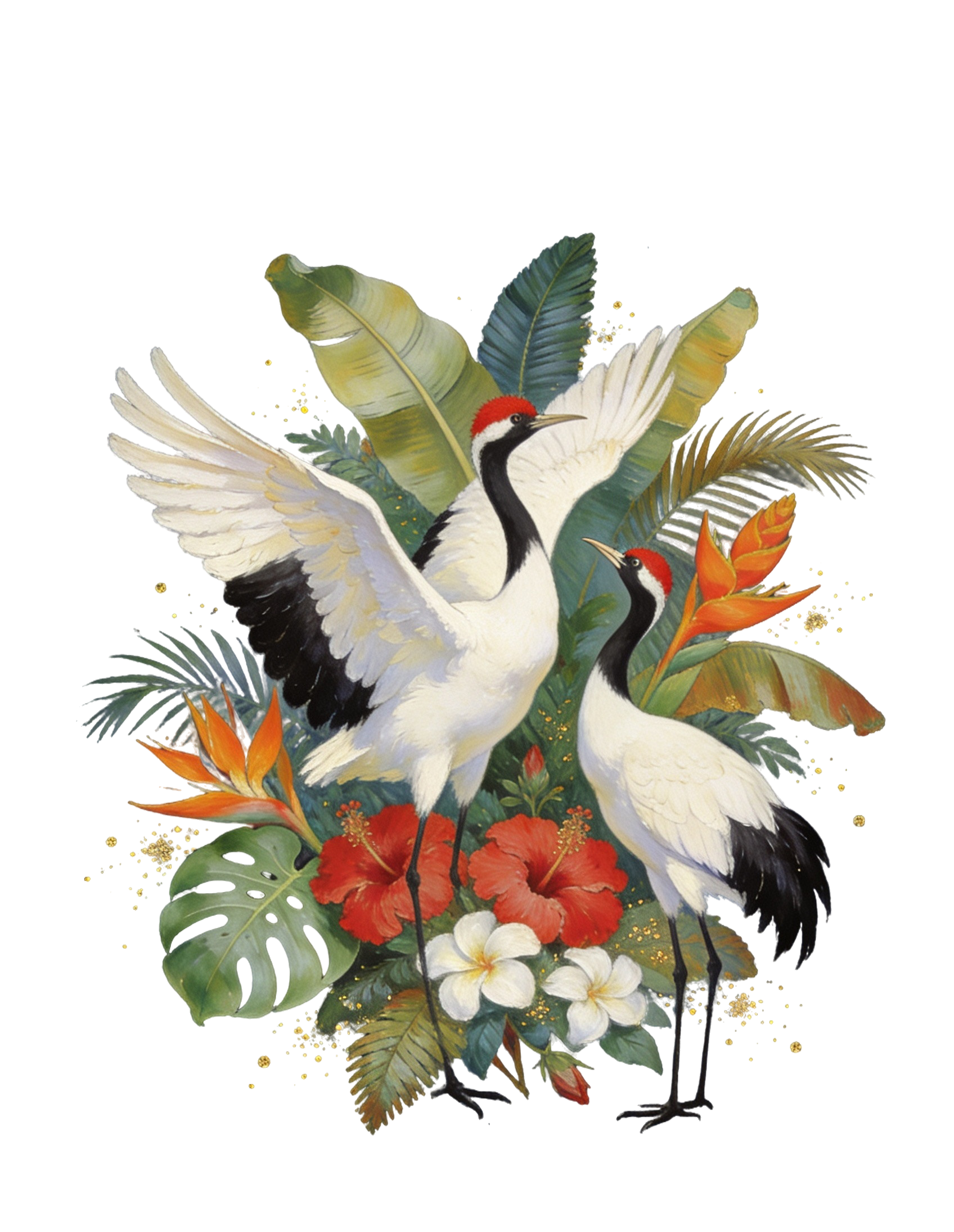 A crane with wings spread wide while another looks up, among tropical blooms