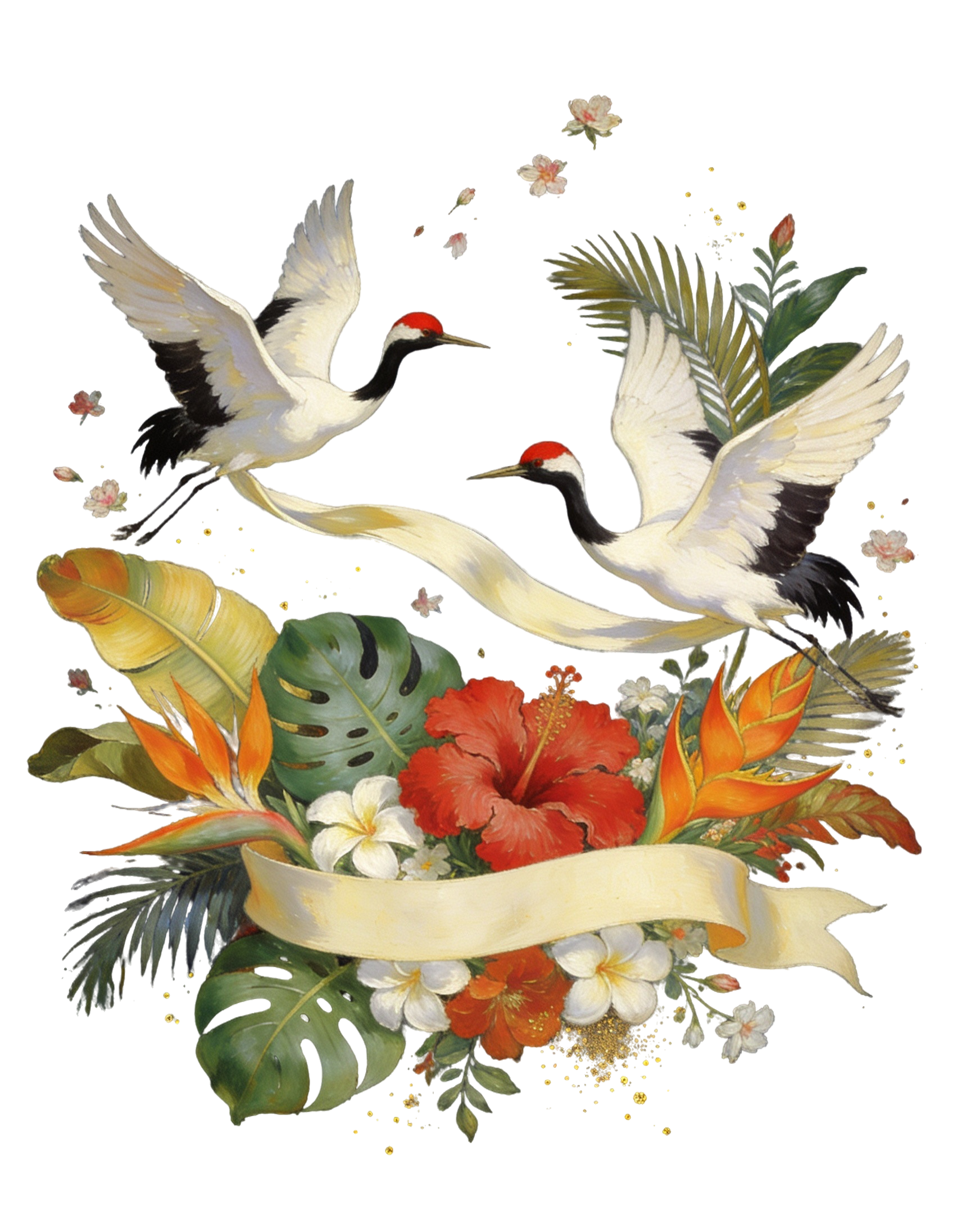 Two cranes in flight trailing a ribbon, blossoms in the air