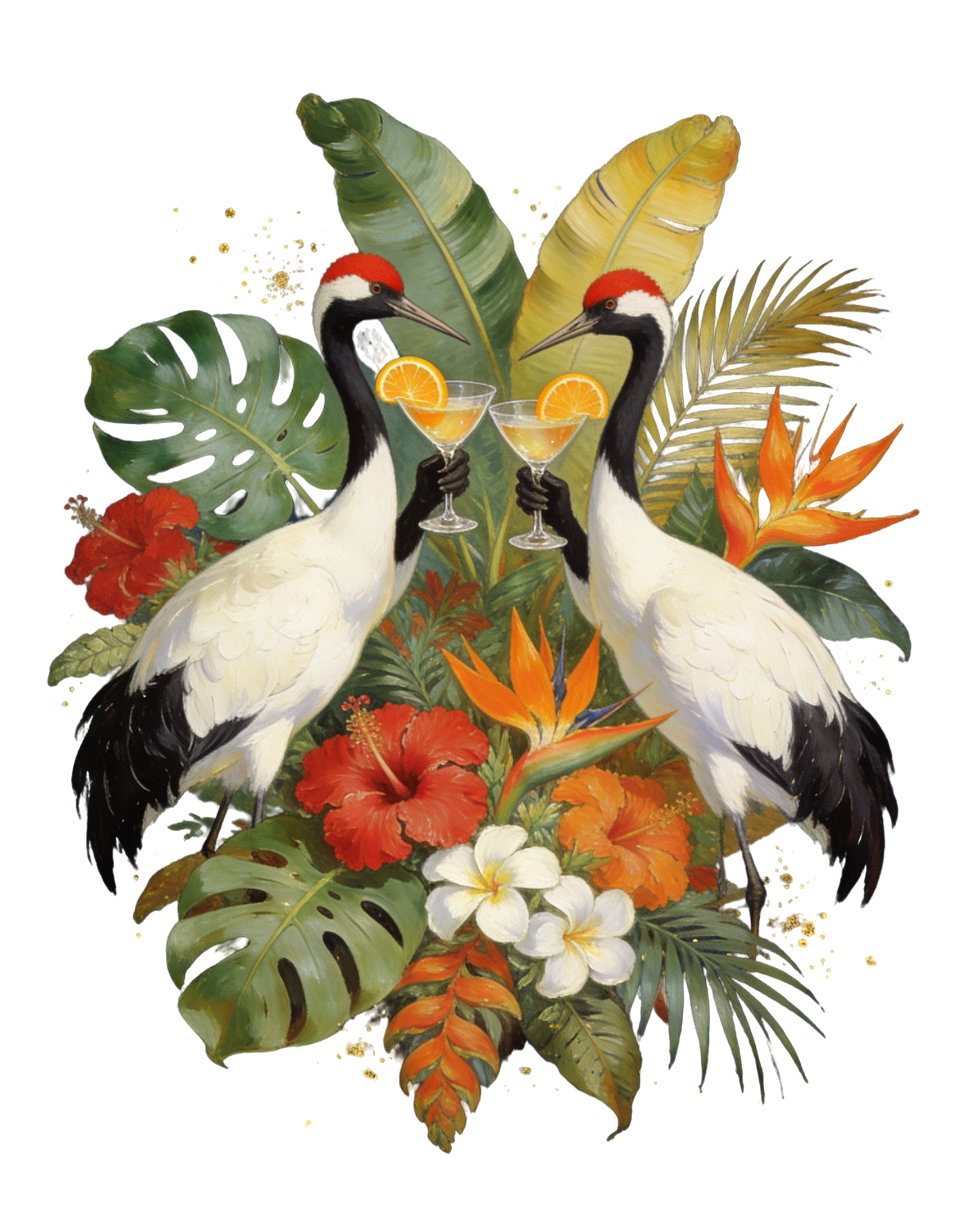 Two cranes raising cocktail glasses among hibiscus flowers