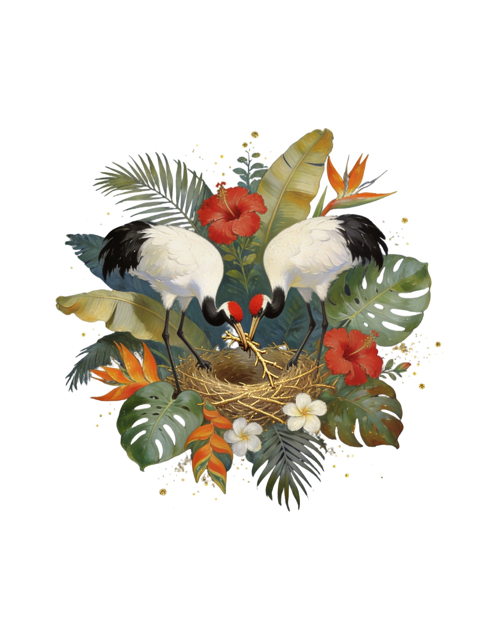 Two cranes building a nest together among tropical leaves